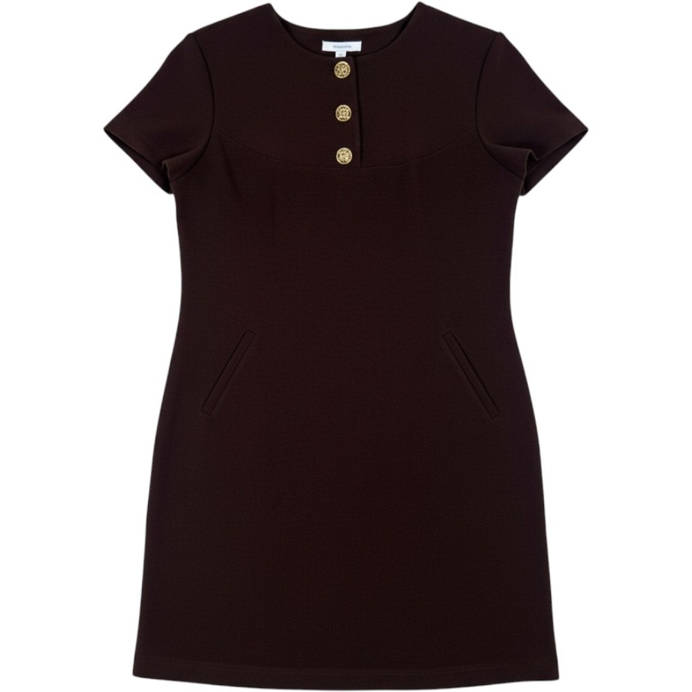 Dressbarn Womens Brown Short Sleeve Shift Dress Gold Button Pockets Size 8